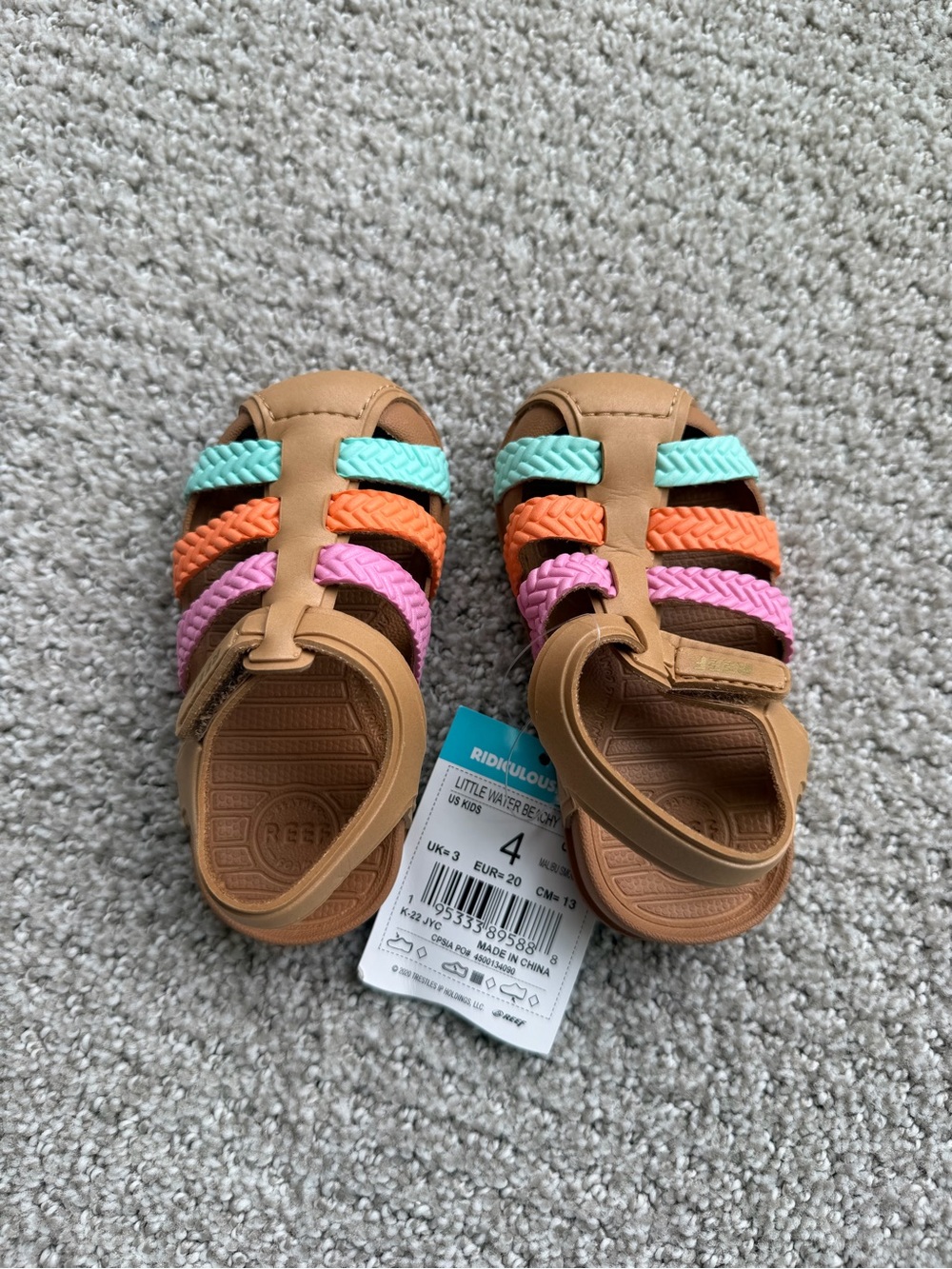 NWT Reef Kids Sandals in Tan with Mint, Orange & Pink Braids